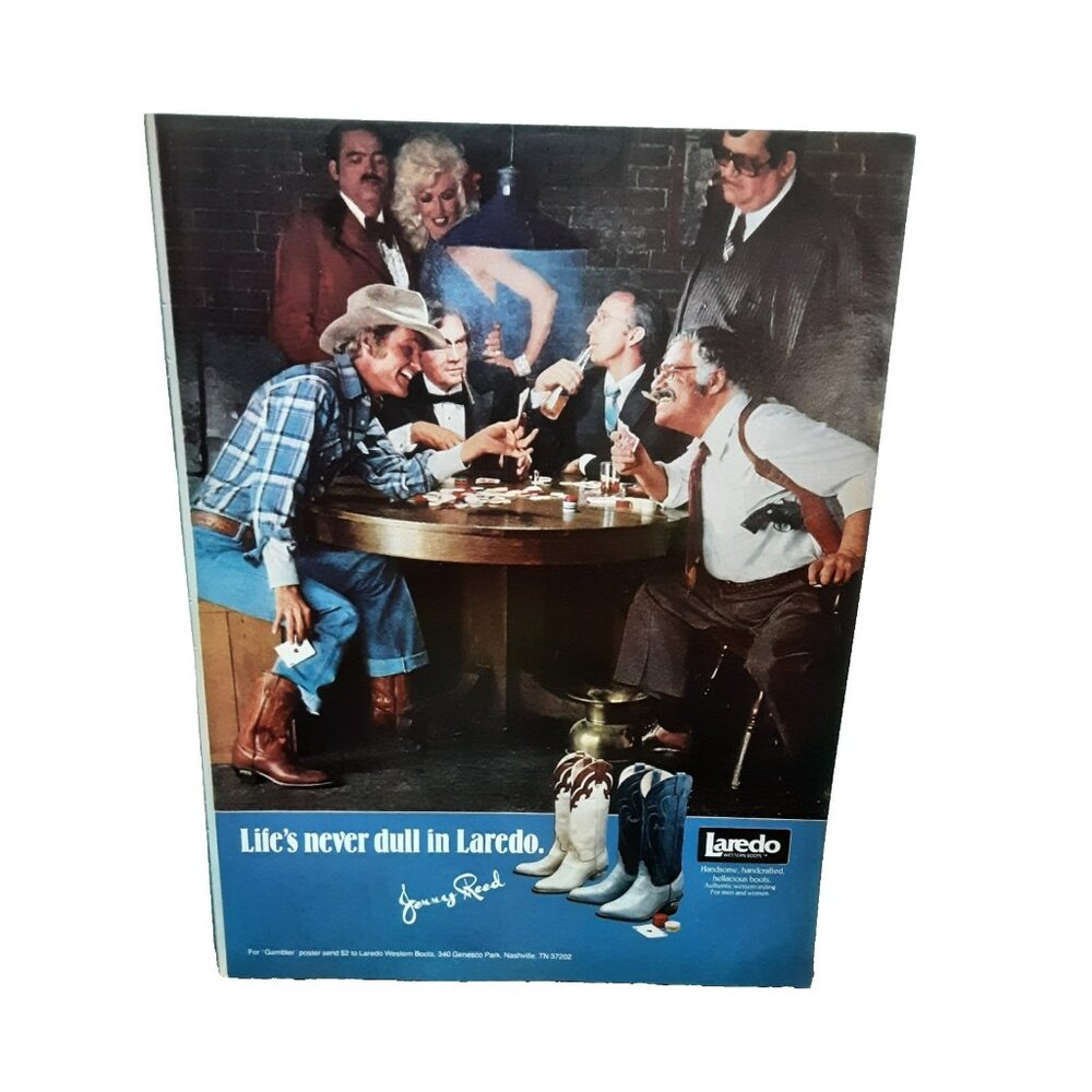 1981 Laredo Western Boots Print Ad Vintage Poker Scene Cowboy Barroom Style